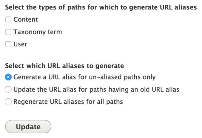 How to Generate Automatic URL Aliases in Drupal 8: bulk generate 