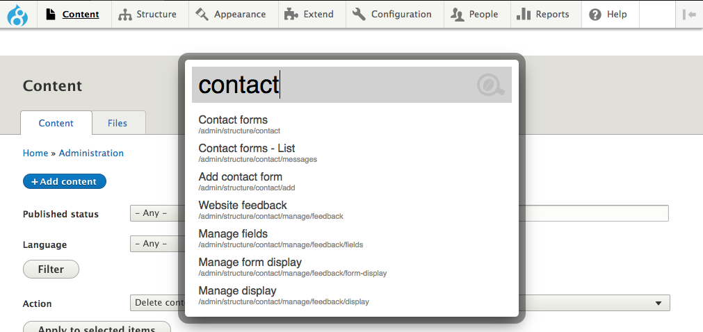 Coffee Module: Focus on the Drupal Admin User Experience- pop up search bar