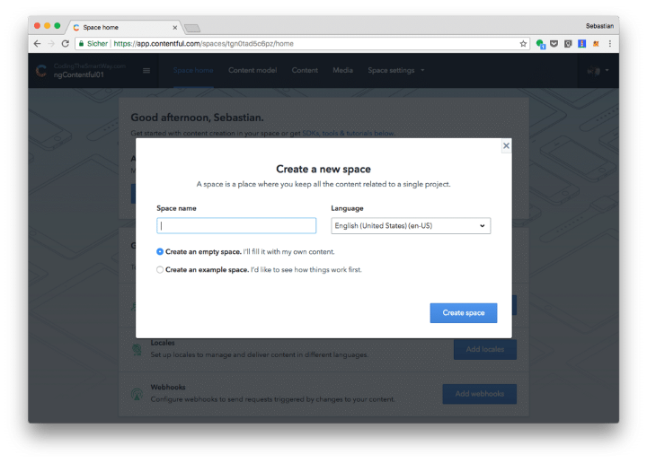 Integrate Contentful with Angular: Create a New Space in the Backend
