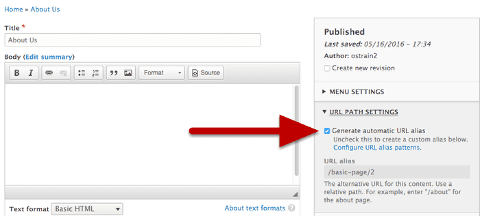 How to Generate Automatic URL Aliases in Drupal 8: check the "Generate automatic URL" box